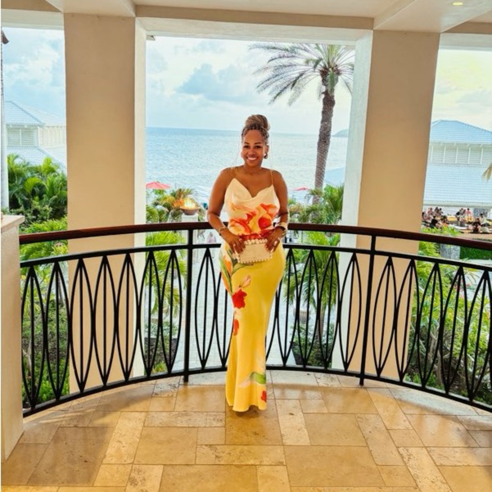 YELLOW SATIN FLORAL PRINT MAXI DRESS